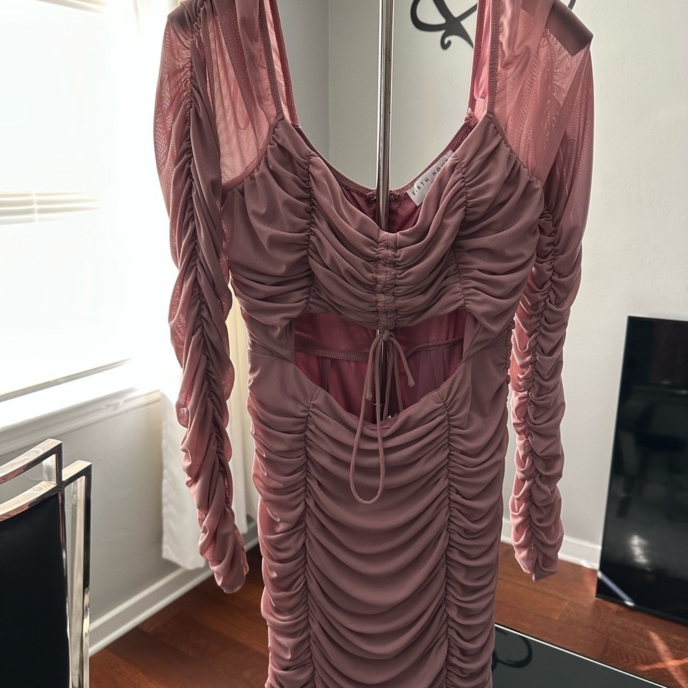 Pink Ruched Puff Sleeve Bodycon Dress - Picture 2 of 5
